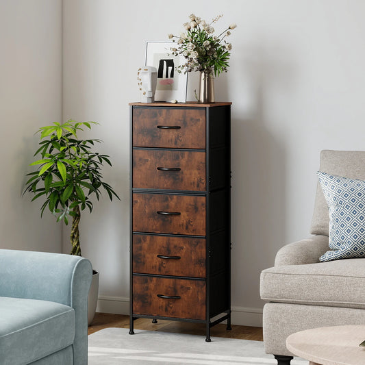 48IN Dresser For Bedroom With 5 Fabric Drawers Nightstand Wardrobe Steel Frame Closet For Clothes Storage Cabinet Furniture