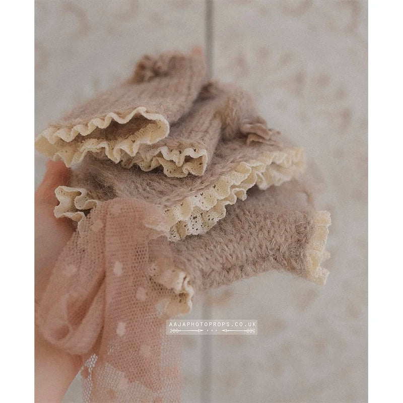 Newborn Photography Props Knitted Romper Bonnet Socks Set Baby Girl Vintage Lace Floral Outfit Studio Photo Shoot Clothes