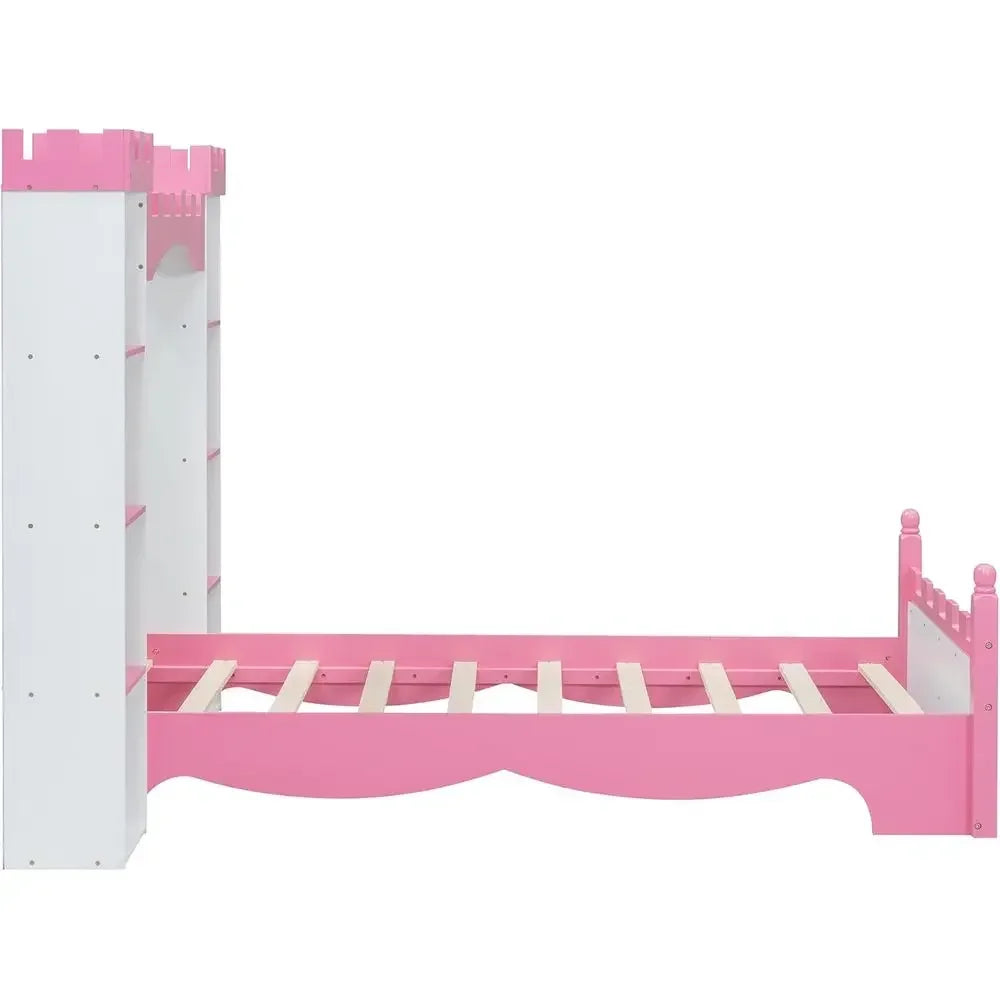 Castle-Style Storage Twin Bed for Kids, Toddlers, and Adults - Dreamy White & Pink Bedroom Furniture