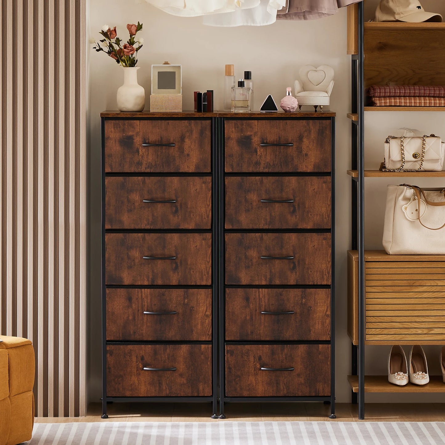 48IN Dresser For Bedroom With 5 Fabric Drawers Nightstand Wardrobe Steel Frame Closet For Clothes Storage Cabinet Furniture