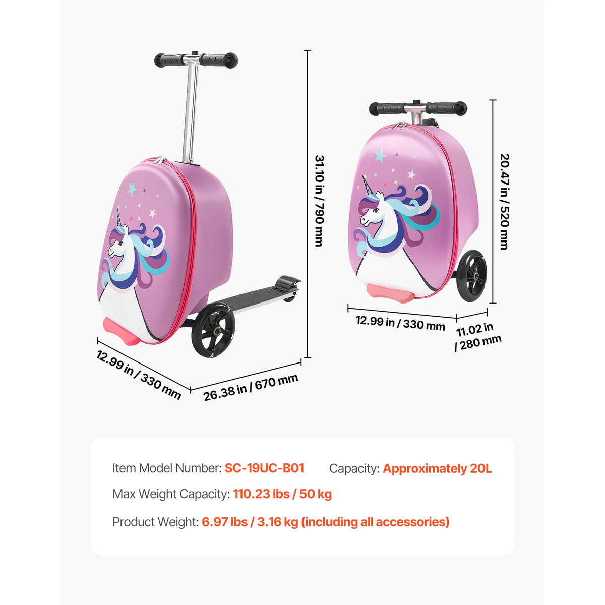 20in Ride-on Luggage 20L Kids Scooter Suitcase with Flash PU Wheels & Adjustable Handle Foldable Luggage for Children