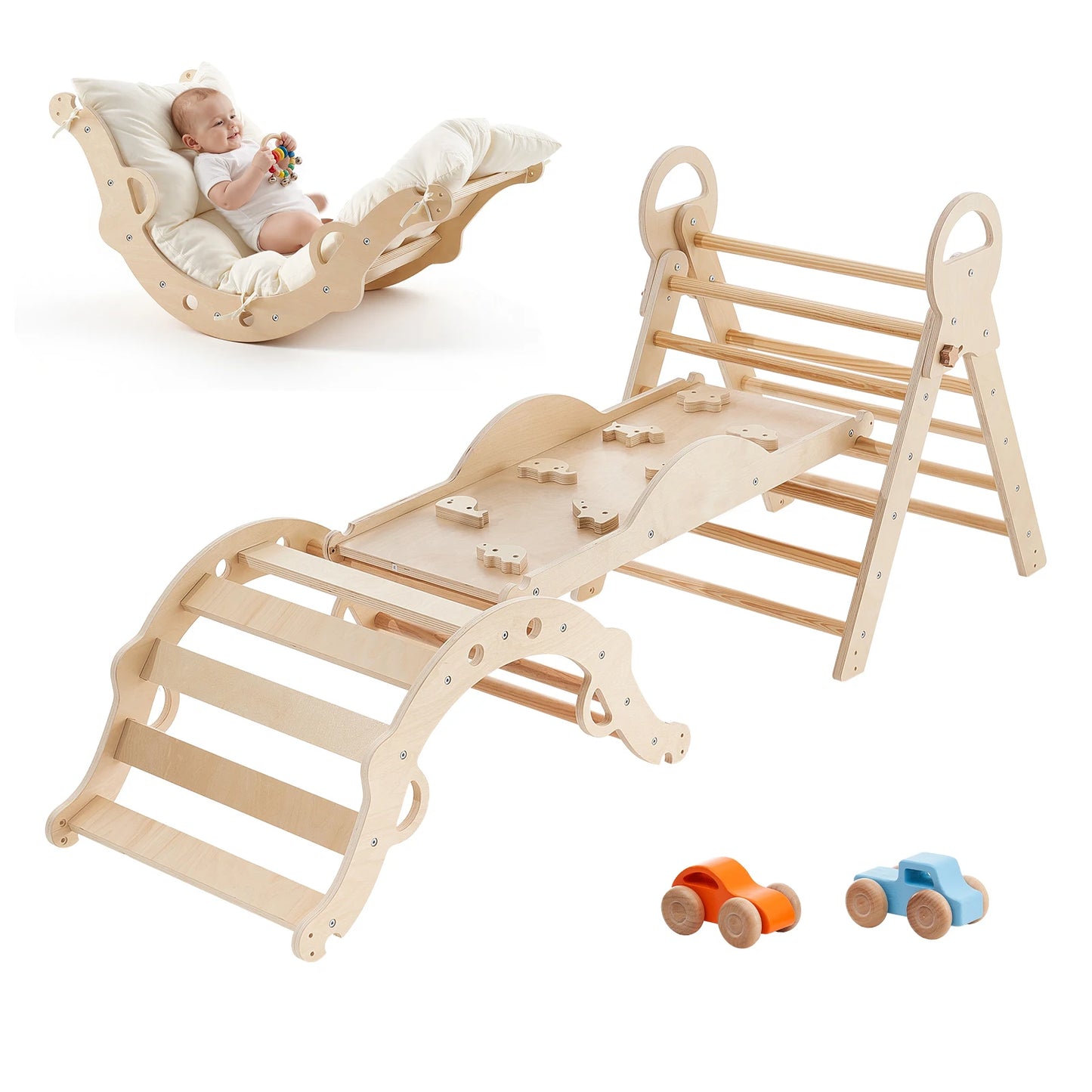 SucceBuy 150 lbs Pikler Triangle Set 9-in-1 Toddler Climbing Toys Indoor with Cushion Triangle Arch and Ramp for Toddlers Kids