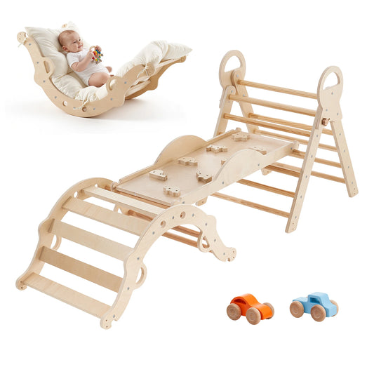 SucceBuy 150 lbs Pikler Triangle Set 9-in-1 Toddler Climbing Toys Indoor with Cushion Triangle Arch and Ramp for Toddlers Kids