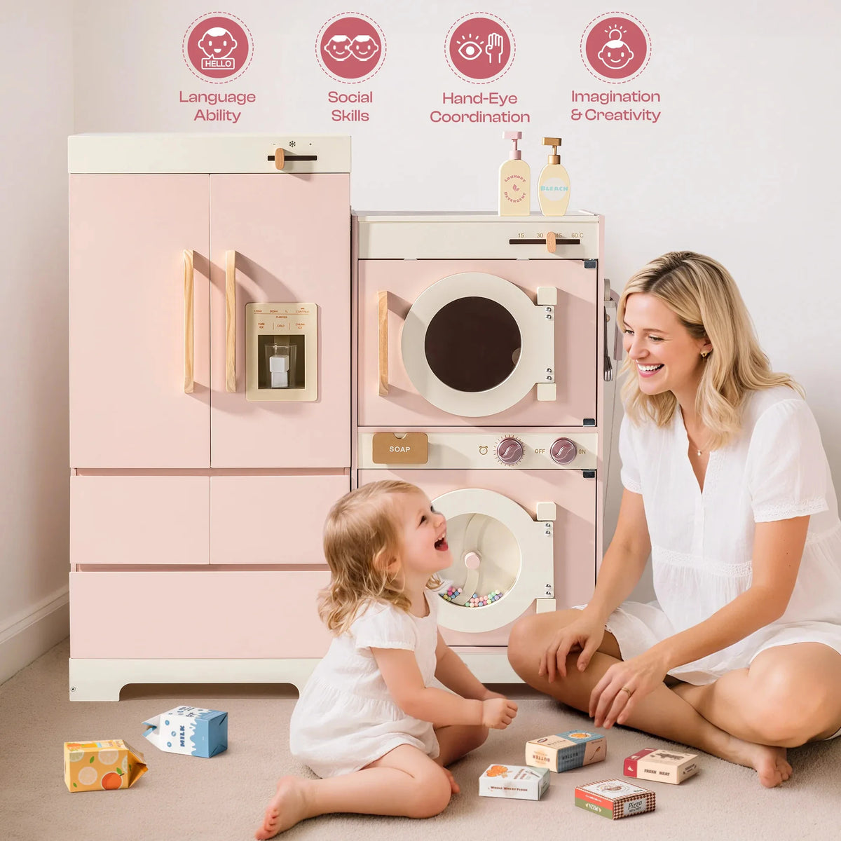 Kids Wooden Pink Play Kitchen All in 1 Corner Set Includes Oven Refrigerator Washer Perfect Birthday Gift for Little Chefs