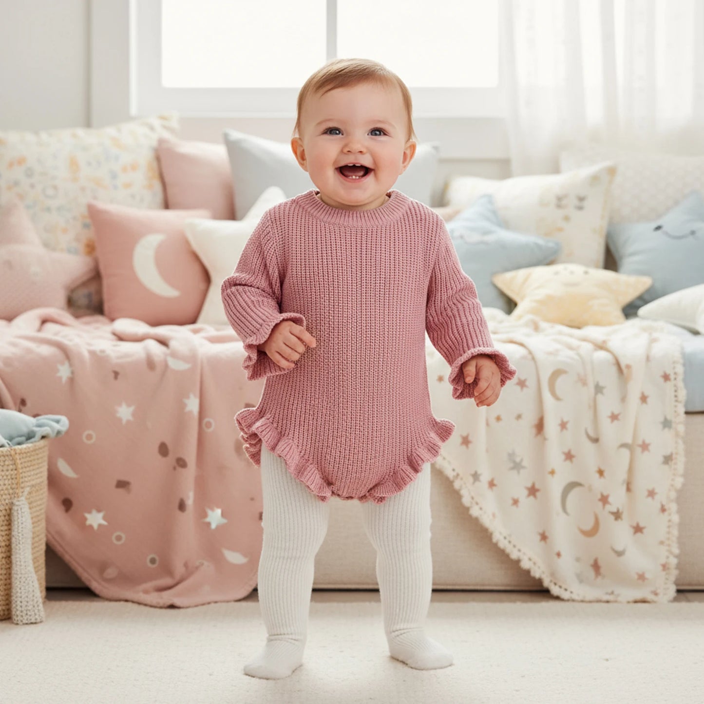 Suefunskry Newborn Baby Fall Winter Knitted Sweater Romper Solid Color Long Sleeve Round Neck Ruffled Sweater Jumpsuit