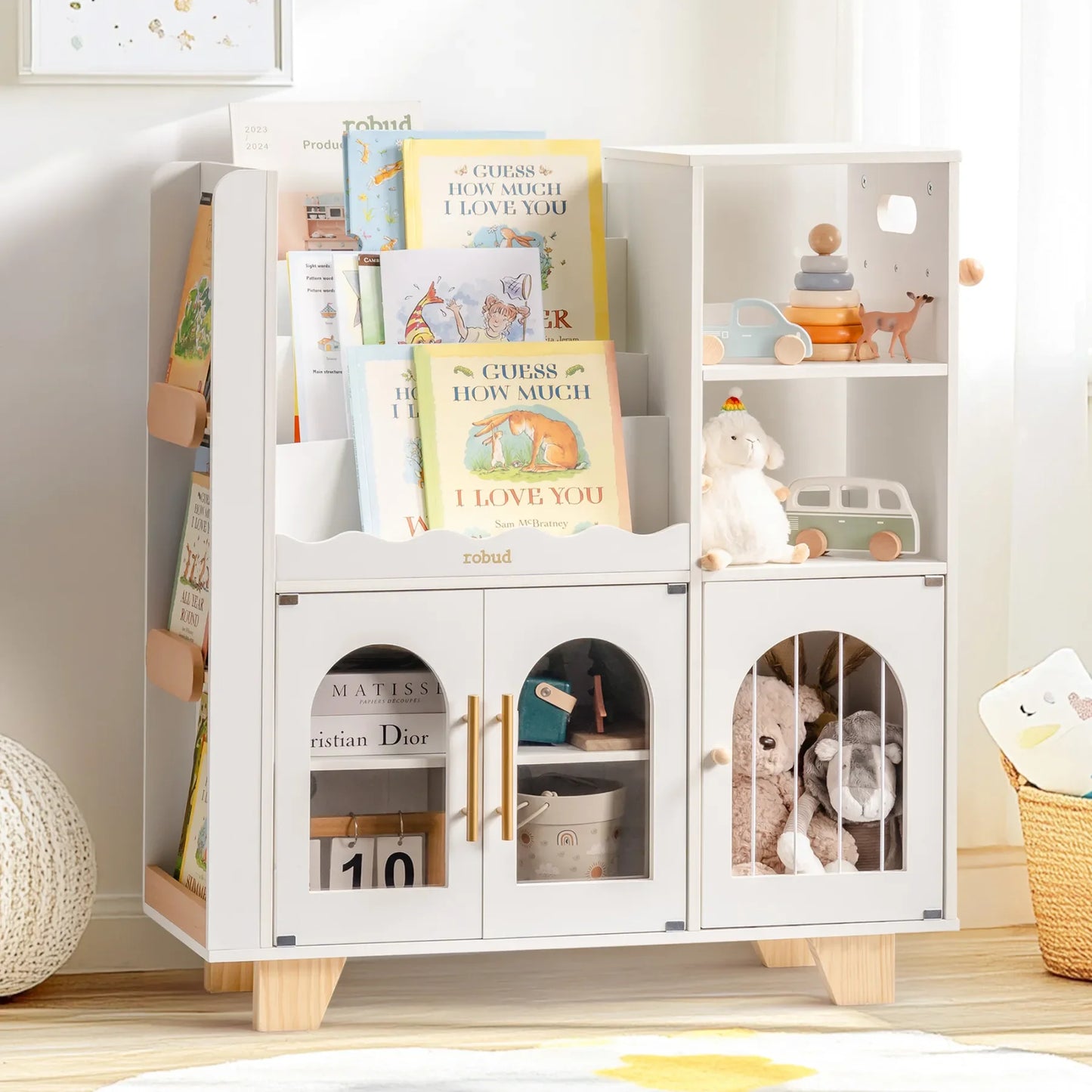 Kids Wooden Bookshelf All-in-1 Kids Toy Storage Organizer 6 Cubby Bookcases Toy Chest Finish Space-Saving Caramel