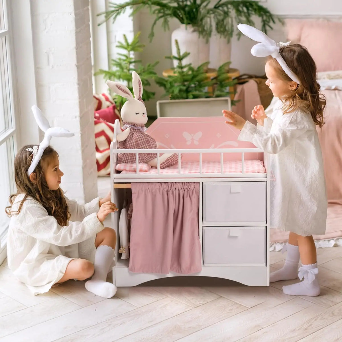 Baby Doll Crib Wooden Toy Baby Crib with Storage Bedding Wooden Hooks Doll Crib Fits Dolls up to 21" for Girls 3+ Pink
