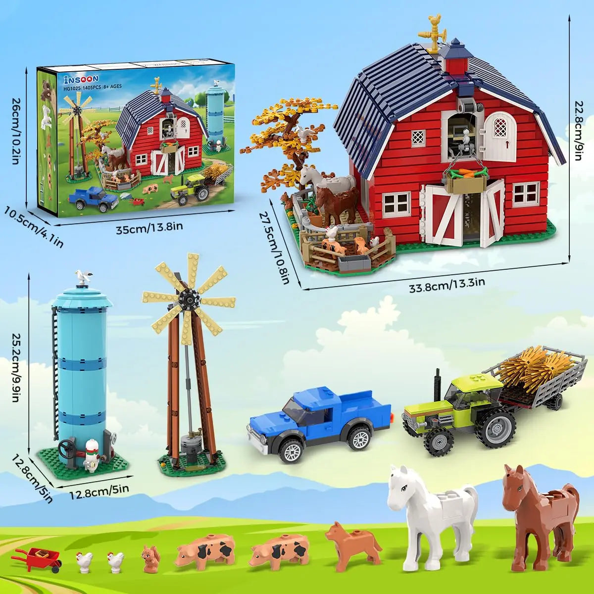 Farm Barn Building Set with Light-with Windmill Tractor Horse Animals Big Barn Construction Toy Brick Kit for Adults Teens 8+