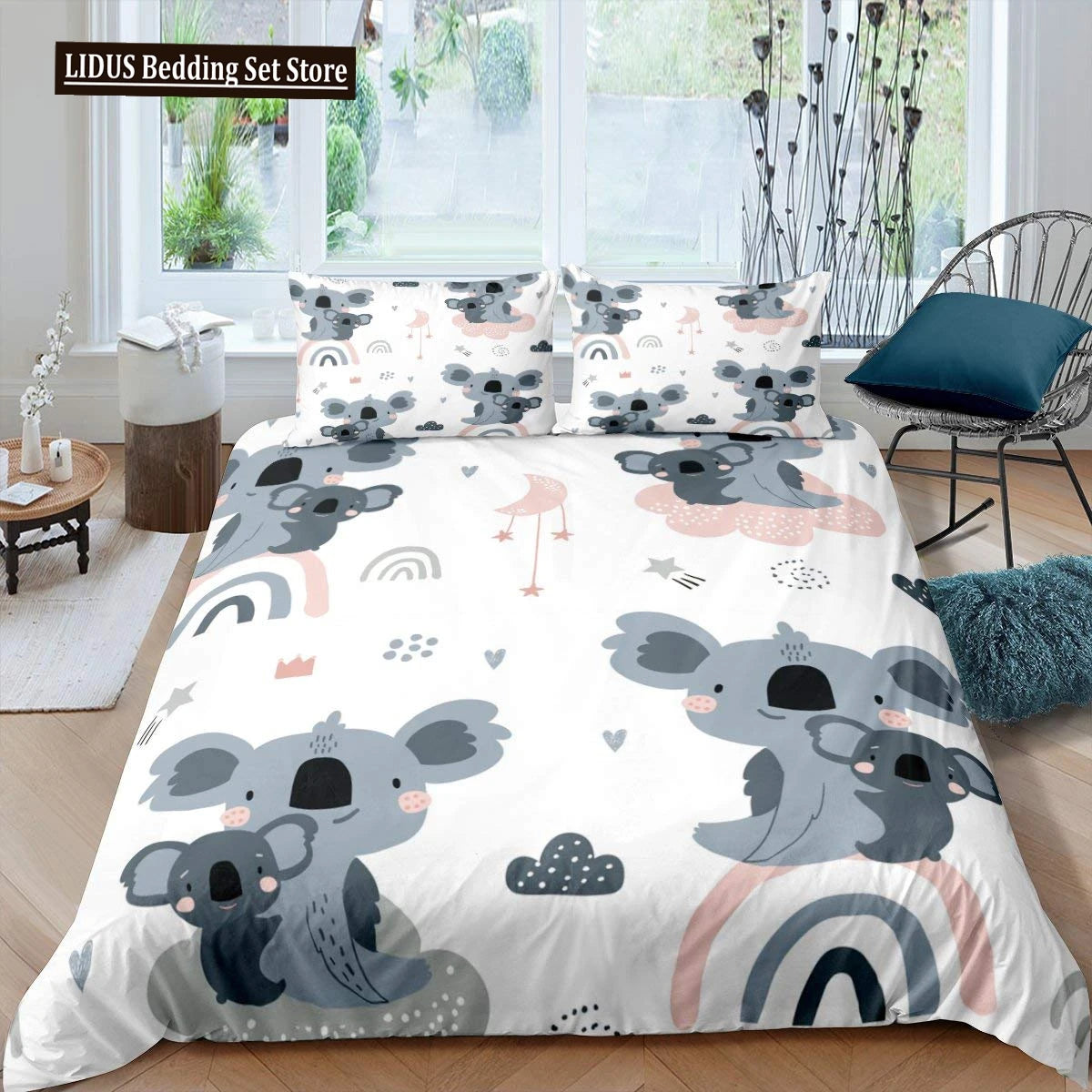 Koala Duvet Cover Set Children Cute Animal Print Bedding Set,Boys Girls Rainbow Butterfly Comforter Cover Floral Flowers Bed Set