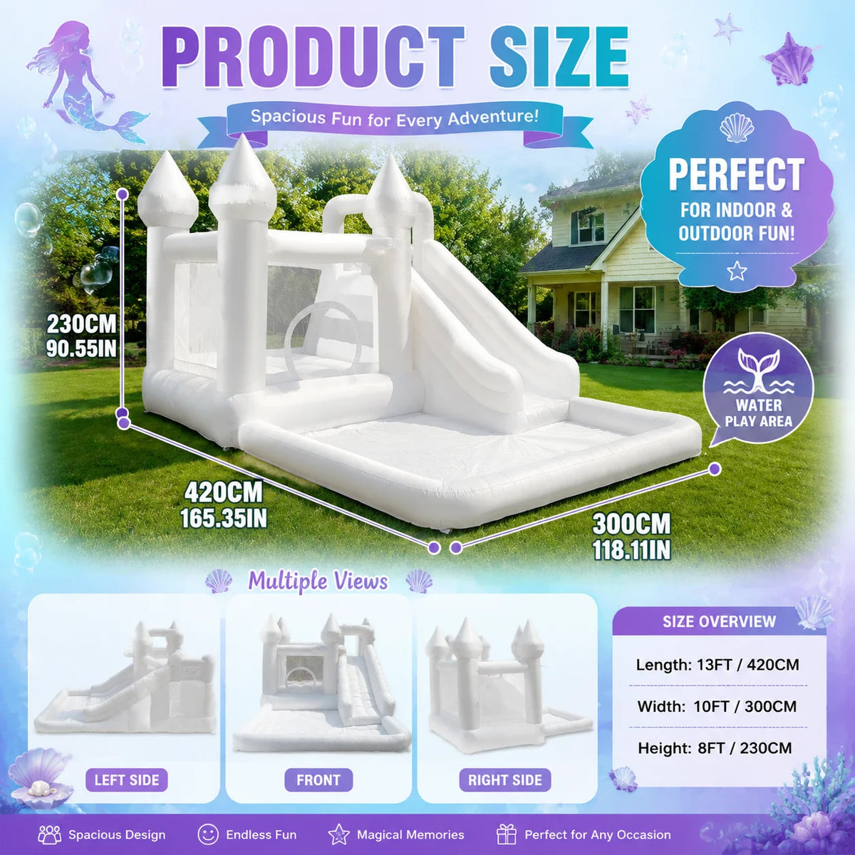 14FT Spire-Top Inflatable Bounce House White with Slide Large Ball Pit Middle Play Zone Portable Bouncy Castle for Kids Birthday/Party