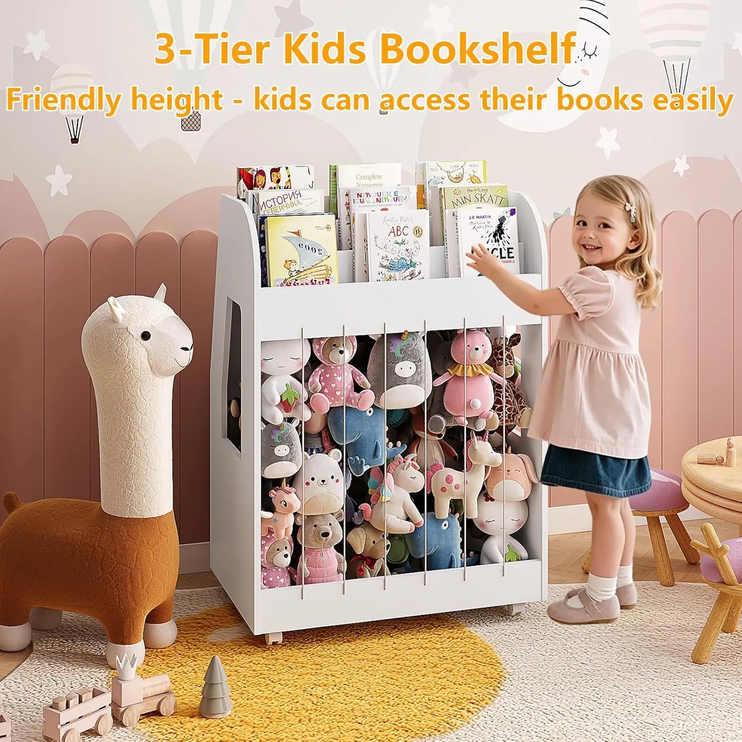 Kids Bookshelf, 3 Tier Montessori Bookcase with Magnetic Drawing Board & Stuffed Animal Storage, Toddler Toy Storage Box with 360° Rolling Wheels for Girls Boys Bedroom/Playroom/Living Room