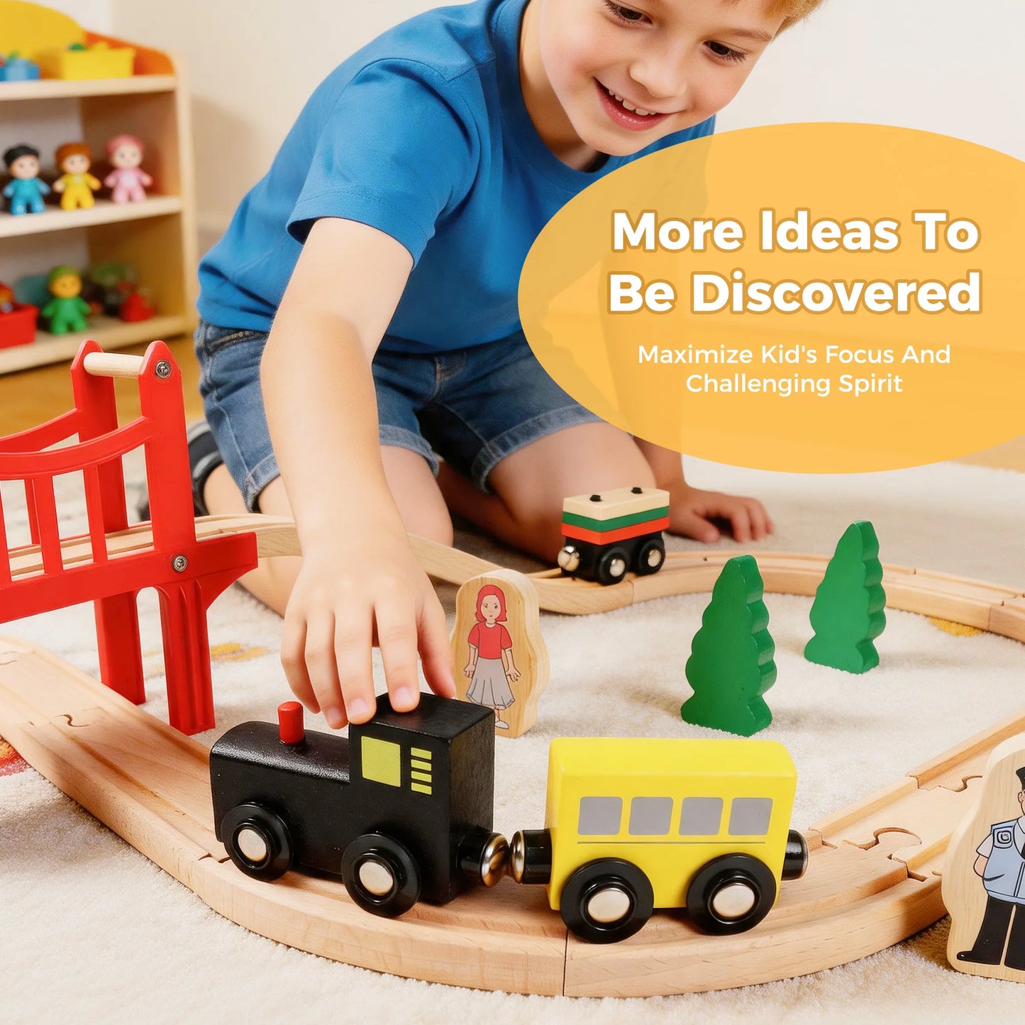 Wooden Train Set for Toddler, 39 Pcs Wooden Train Track Fits Thomas,  Expandable