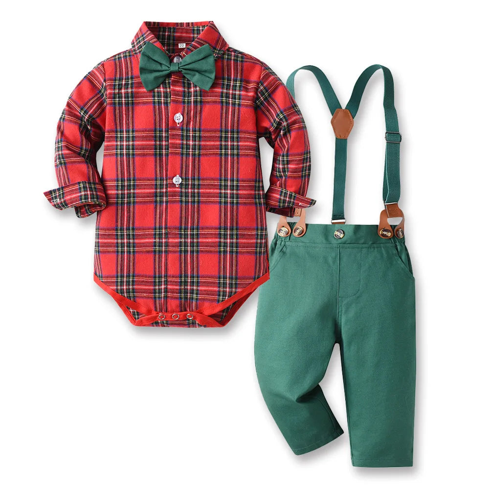 Toddler Boy Christmas Gentleman Outfit Toddler Kid Party Costume Suspender 4PCS Autumn Winter Clothes Baby Cotton Boutique Set