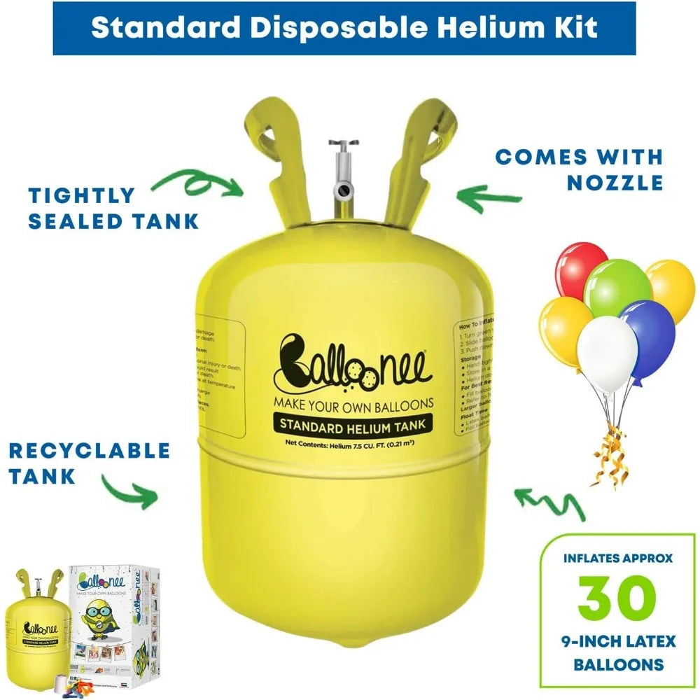 Balloonee Standard Disposable Helium Tank 7.5 Cu Ft - 30 Assorted Latex Balloons Pump Kit for Home Birthday Party Celebrations