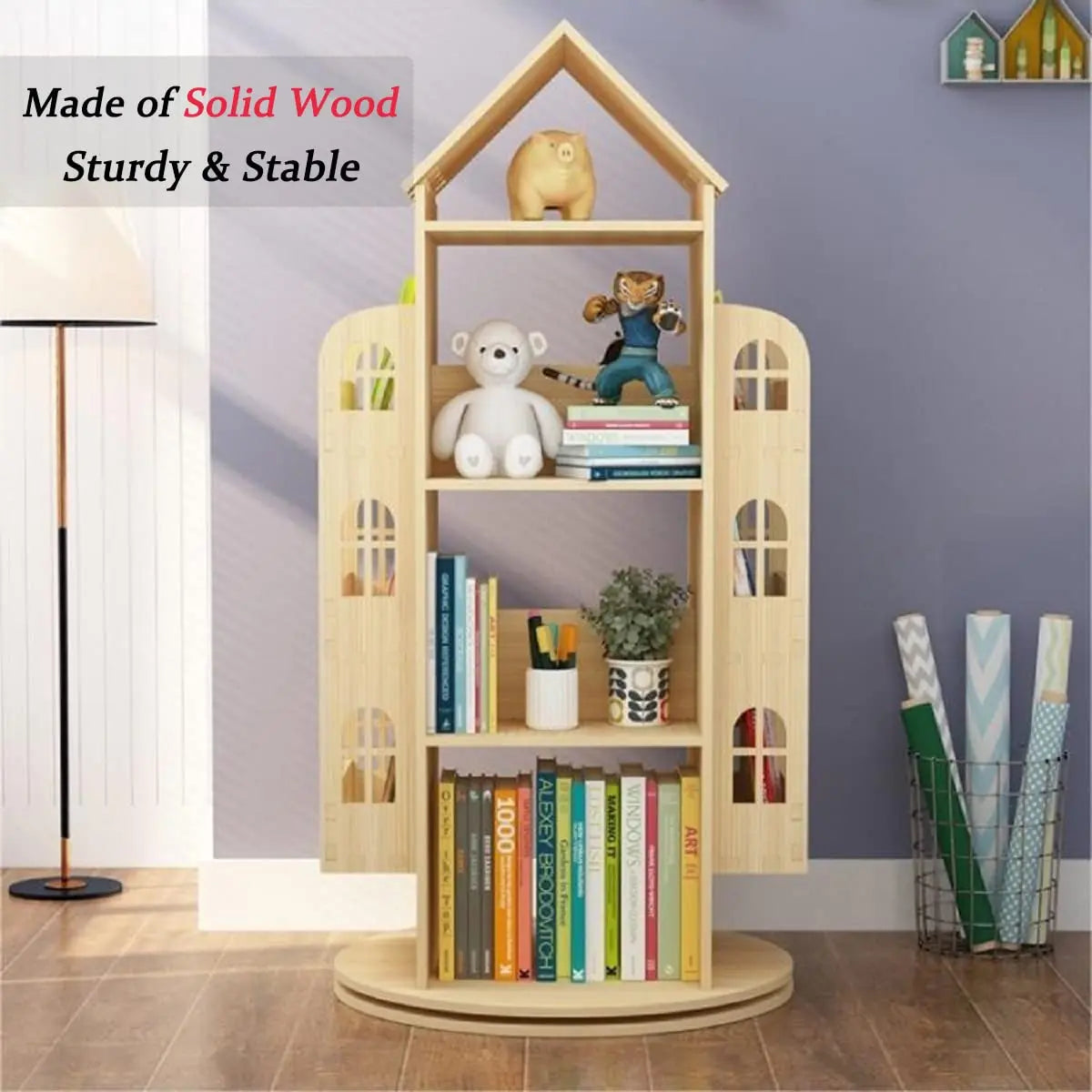 Large Rotating 360° Wood Castle Floor Standing Bookcase Kids Playroom Storage Shelf, Customized