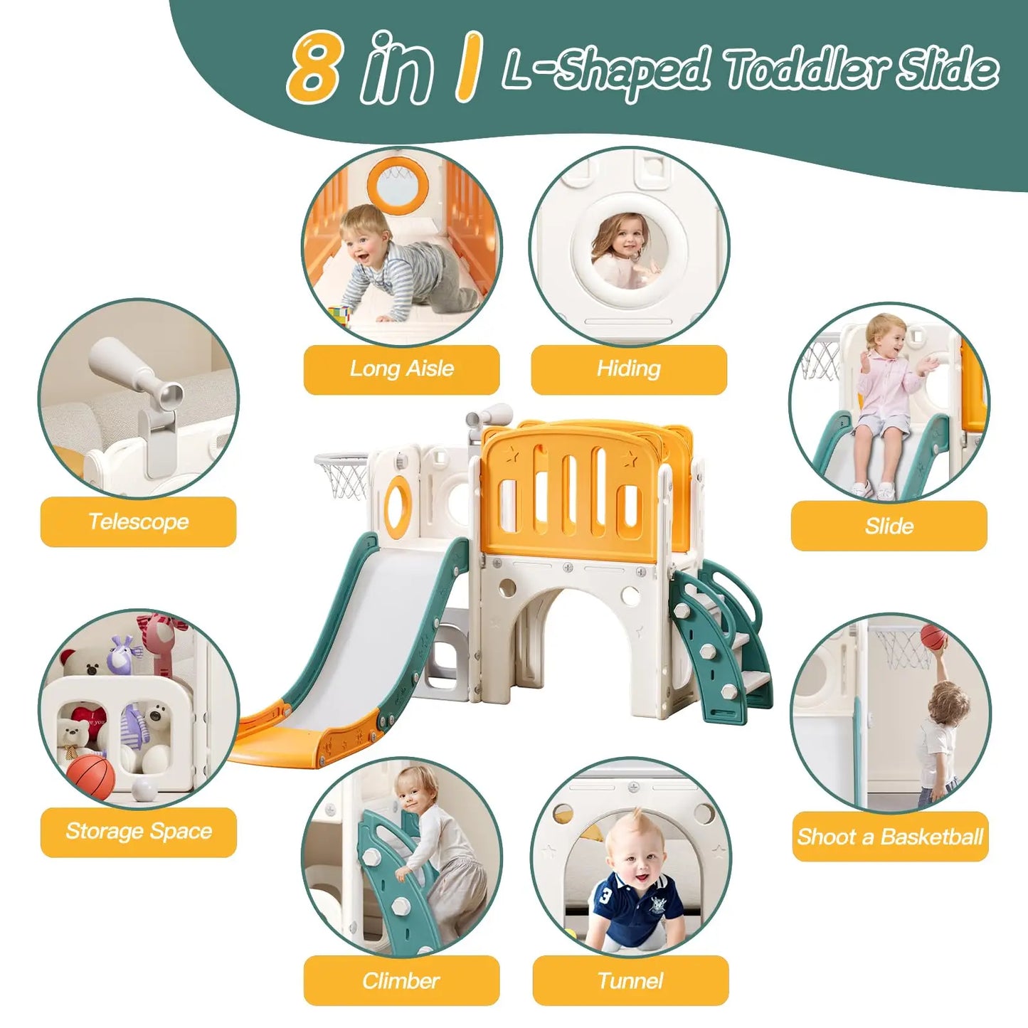 8 in 1 Toddler Slide for Toddlers Age 1-3, Extra-Long Slide with Basketball Hoop Indoor and Outdoor Baby Climber Playset Playground Freestanding Slide