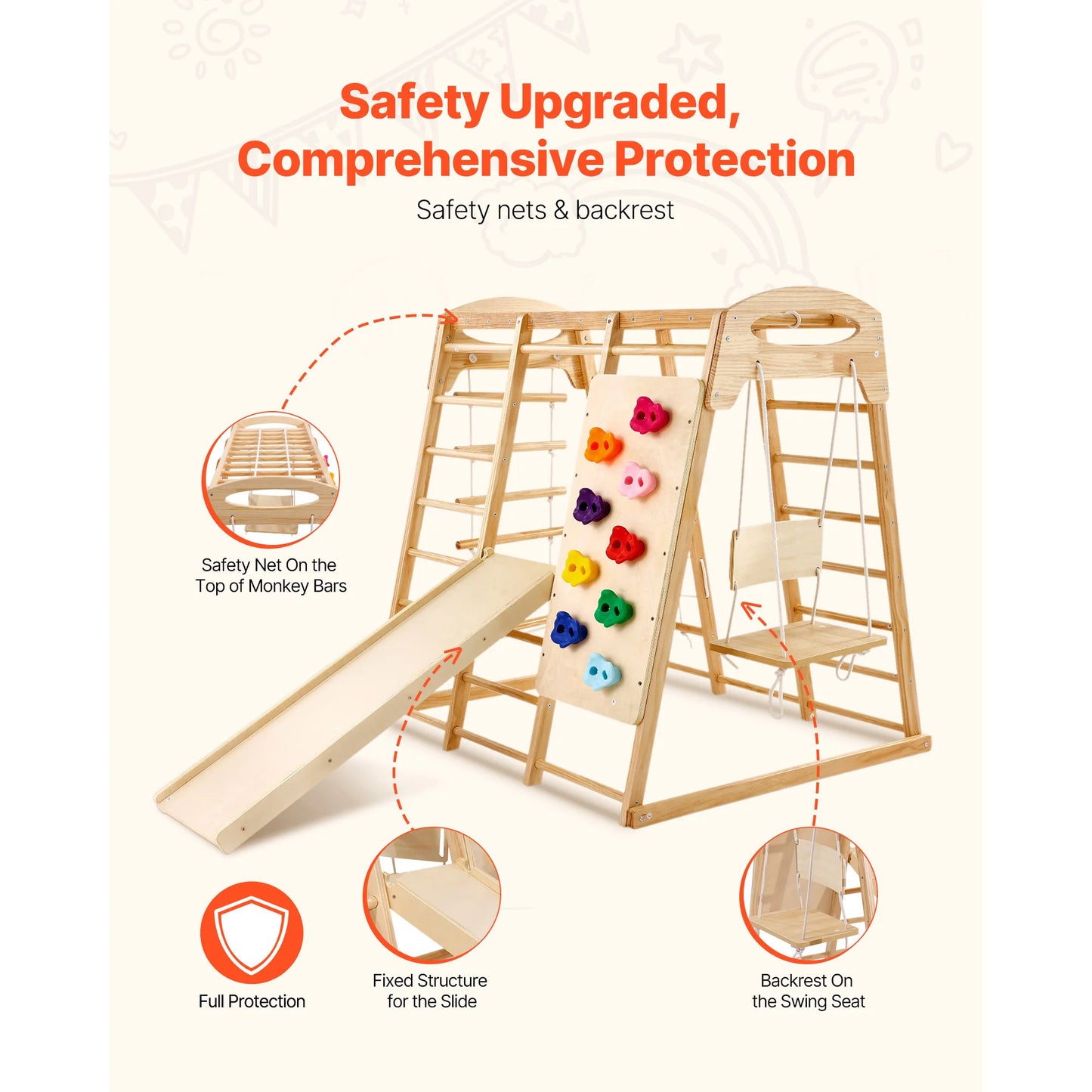 SucceBuy Indoor Jungle Gym 7-in-1 Toddler Indoor Playground with Wood and Rope Ladder Net Ladder Swing Monkey Bar Slide for Kids