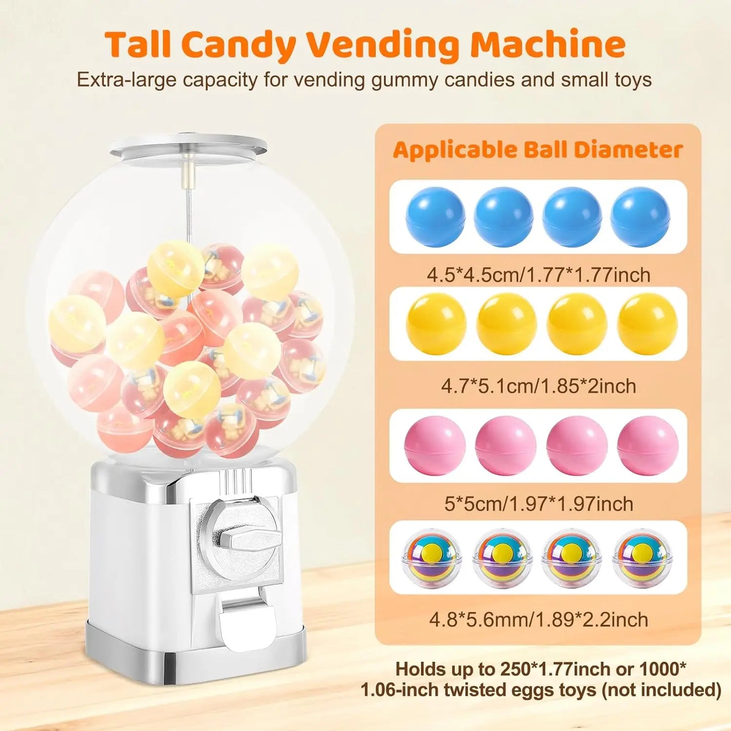 Vending Machine, 19.68" Twister Ball Dispenser Machine Bubble Gumball Machine Large Capacity Toy Vending Machine, Lockable Spherical Freestanding for 1.26" Ball, 1 Dollar Coin, Candy (White)