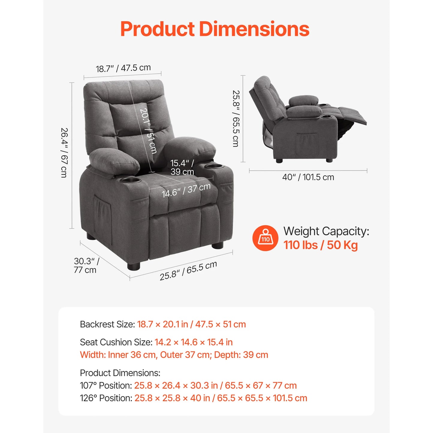 Kids Reclining Chair Toddler Recliner with Cup Holders and Pockets 107° to 126° Adjustable Backrest for Boys & Girls