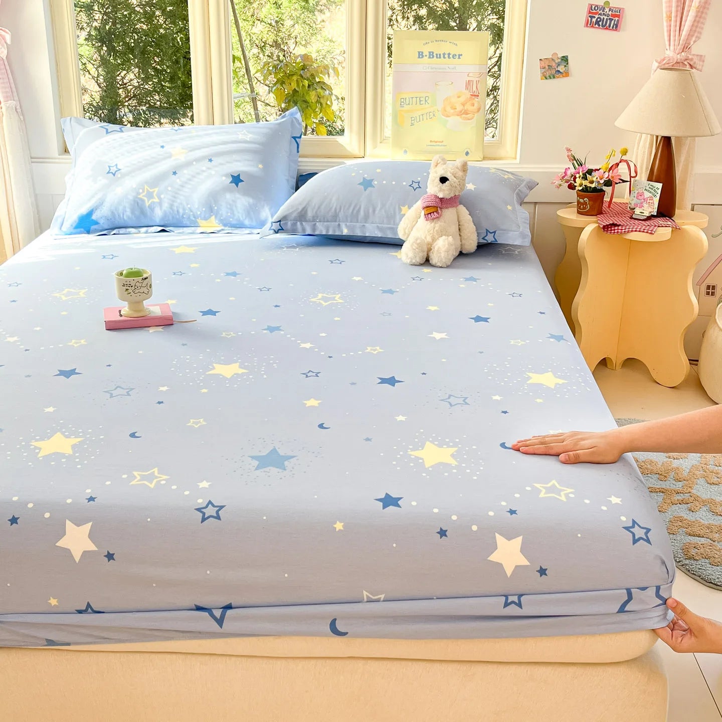 Cartoon Space Astronaut Fitted Sheet 100% Cotton Mattress Cover for Adults Kids Deep Pocket Elastic Bed Sheets and Pillowcases
