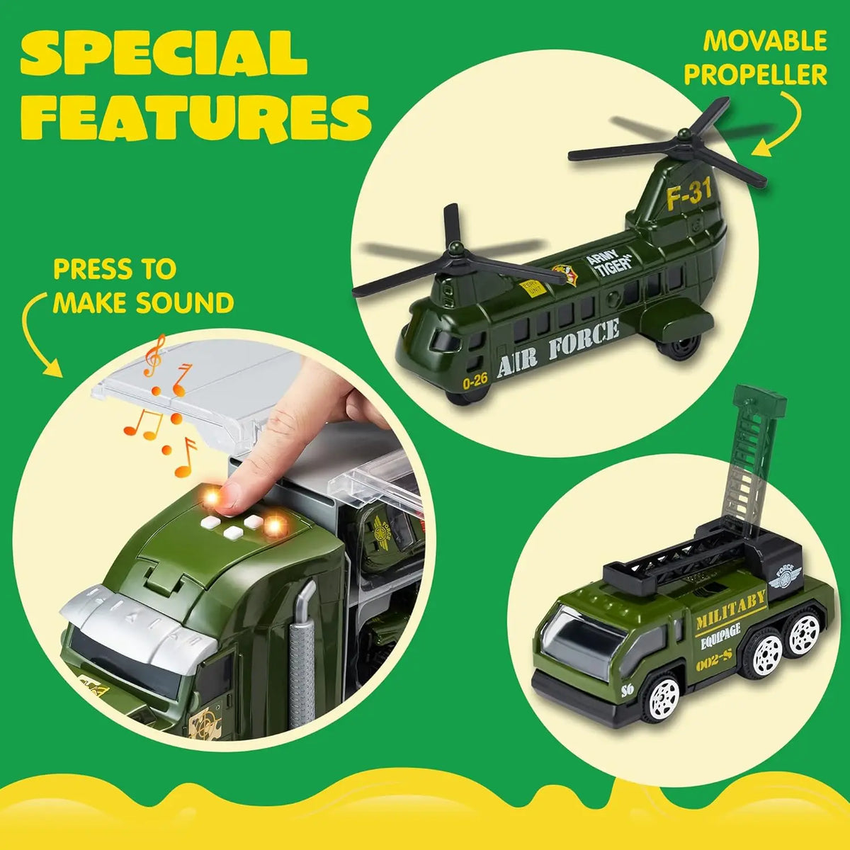 25 in 1 Green Military Big Truck Toys Army Men Tanks Set with Soldier Men Battle Car Toy in Carrier Truck for Boys Gifts