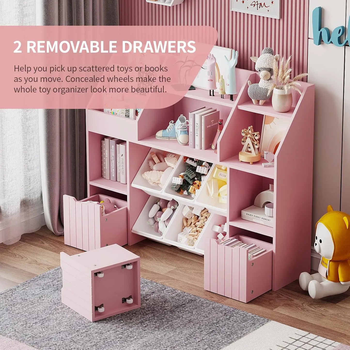 Wooden Kids Bookcase Toy Storage Organizer 2 Drawers 6 Baskets Anti-Tip Children Room Shelf Customized