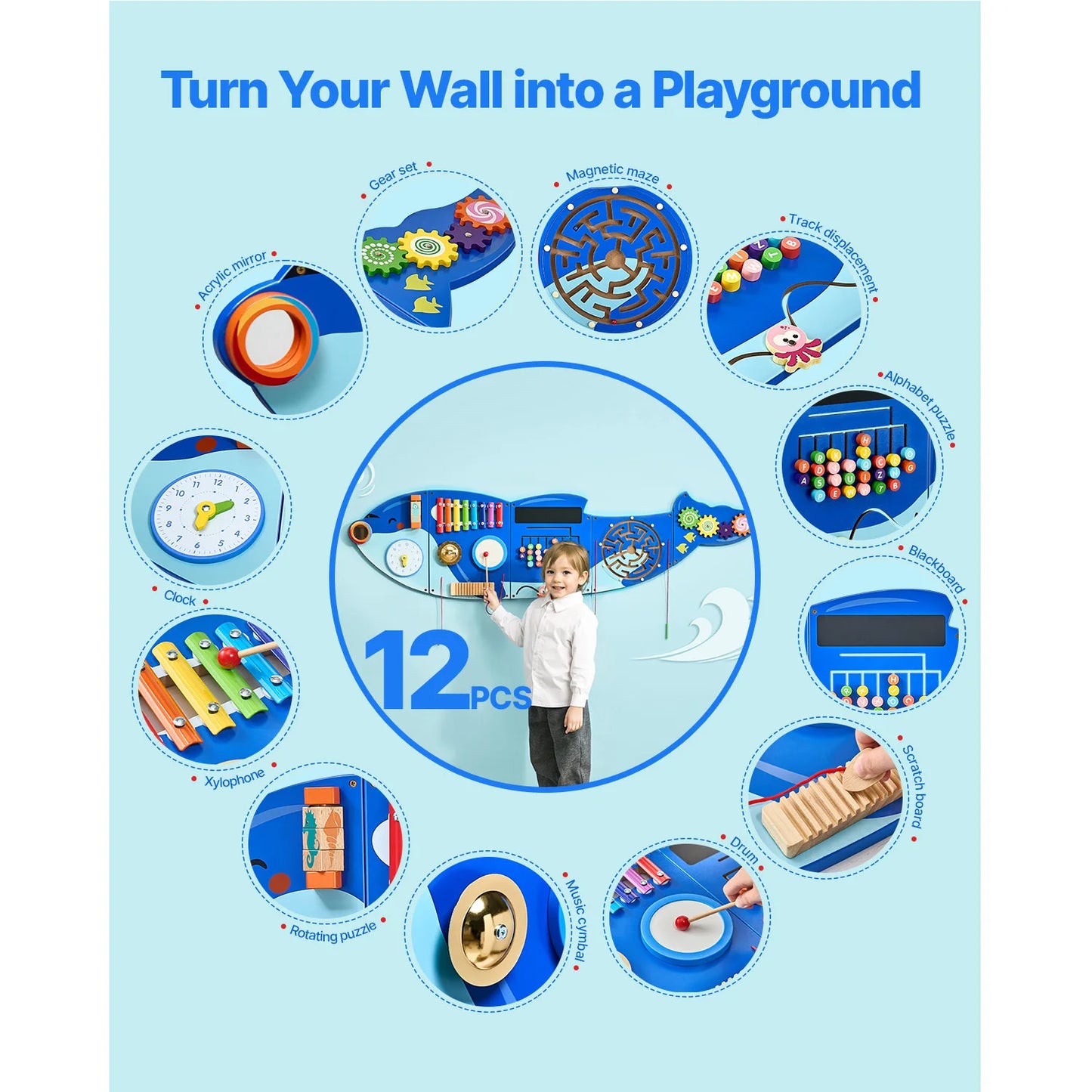 Orca Kids Wall Busy Board 12 Activities Hanging Panels Montessori Sensory Learning Toys for Toddler 3-12 Play Toys