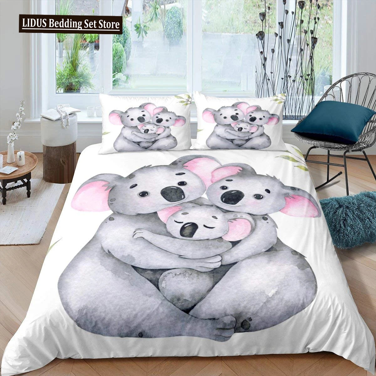 Koala Duvet Cover Set Children Cute Animal Print Bedding Set,Boys Girls Rainbow Butterfly Comforter Cover Floral Flowers Bed Set