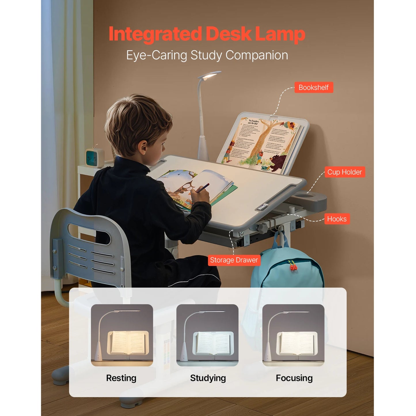 Kids Study Chair and Desk Set Study Desk and Chair for Kids with Table Lamp Adjustable Height  for Bedroom & Study Room