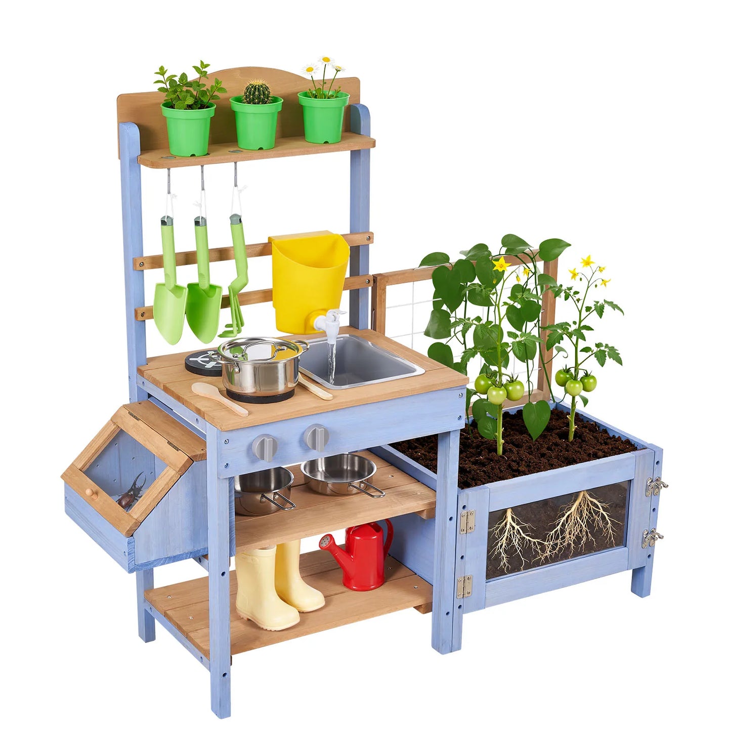 Mud Kitchen Wood Play Kitchens with Planting Box Critter Catcher Container Sink Cookware Pots and Accessories for Yard