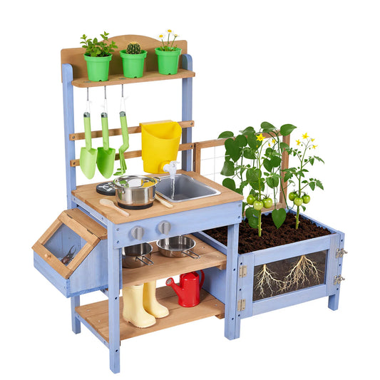 Mud Kitchen Wood Play Kitchens with Planting Box Critter Catcher Container Sink Cookware Pots and Accessories for Yard