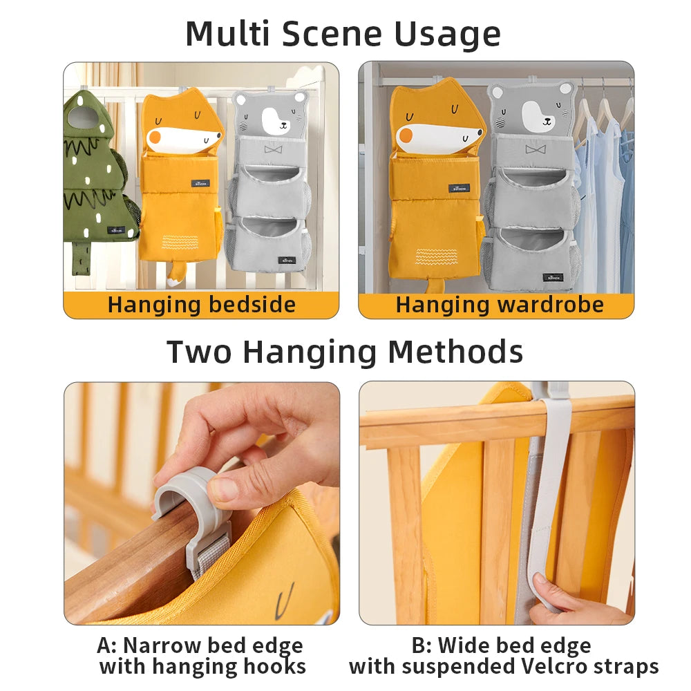 Cartoon Baby Crib Hanging Storage Bag, Multi-functional Organizer for Baby Supplies Baby Room Decor