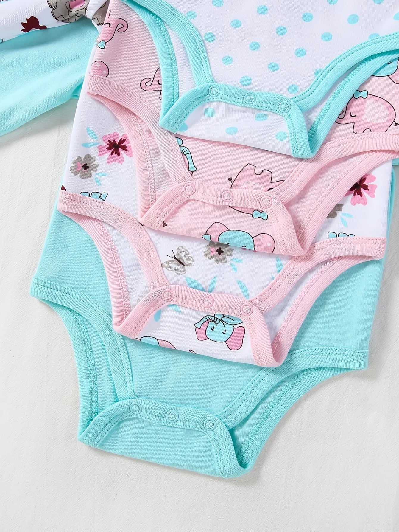 4-pc Baby Girl Long Sleeve Bodysuits, Round Neck Rompers with Cute Elephant Print, Soft Skin-Friendly Outfits for Spring And Autumn, Newborn Essentials |, for Outdoor