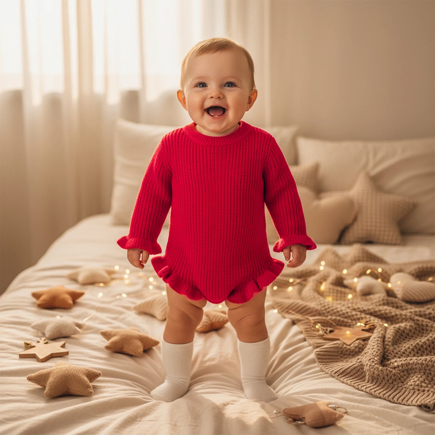Suefunskry Newborn Baby Fall Winter Knitted Sweater Romper Solid Color Long Sleeve Round Neck Ruffled Sweater Jumpsuit