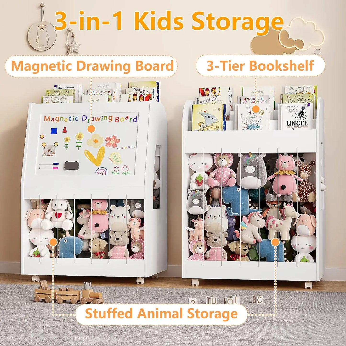 Kids Bookshelf, 3 Tier Montessori Bookcase with Magnetic Drawing Board & Stuffed Animal Storage, Toddler Toy Storage Box with 360° Rolling Wheels for Girls Boys Bedroom/Playroom/Living Room