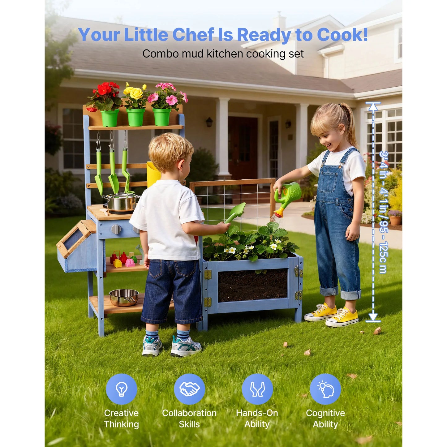 Mud Kitchen Wood Play Kitchens with Planting Box Critter Catcher Container Sink Cookware Pots and Accessories for Yard