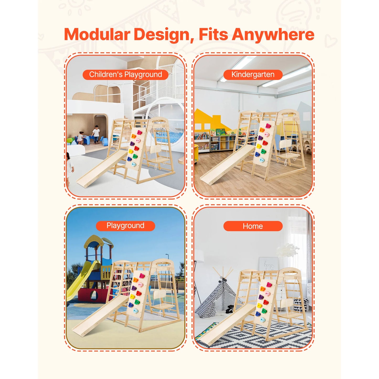 SucceBuy Indoor Jungle Gym 7-in-1 Toddler Indoor Playground with Wood and Rope Ladder Net Ladder Swing Monkey Bar Slide for Kids