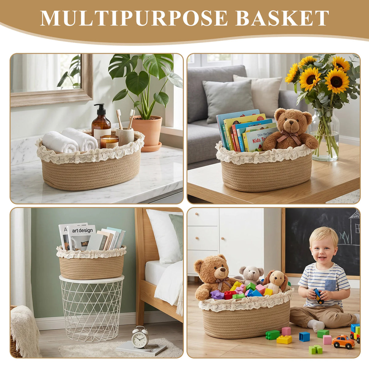 `4 Pack Cotton Rope Storage Baskets with Lace Trim, Woven Oval Organizer Bins with Gift Bags for Home Decor Baby Shower Gifts`