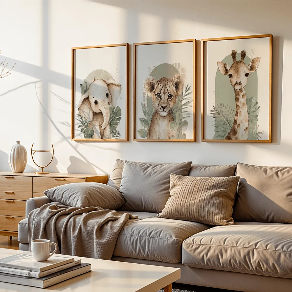 3pcs/set Retro Elephant Lion and Giraffe Animal Canvas Printing Sage Green Jungle Wall Art Poster for Modern Nursery Home Decor