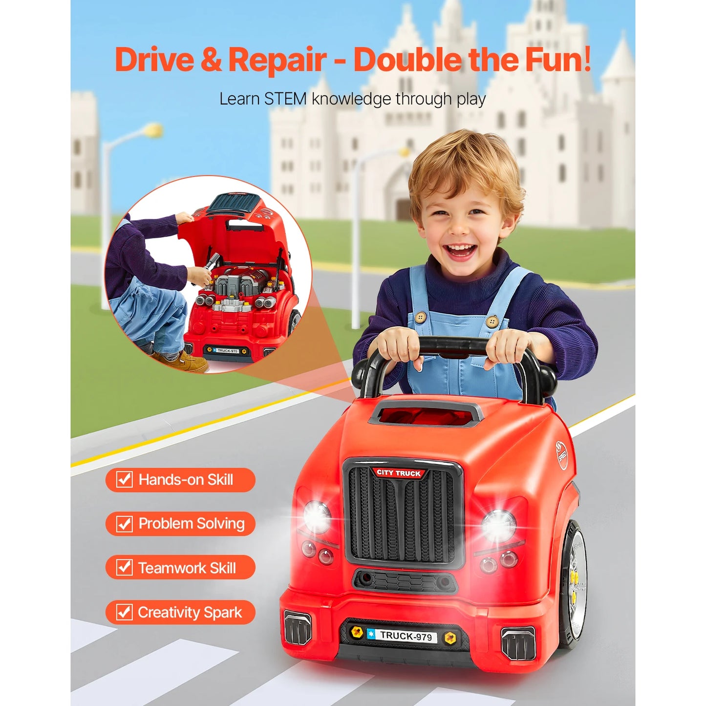 60 Pcs Kids Mechanic Car Repair Set with Removable Parts & Horn Workshop Set Engine Toy for Toddler Children Gift