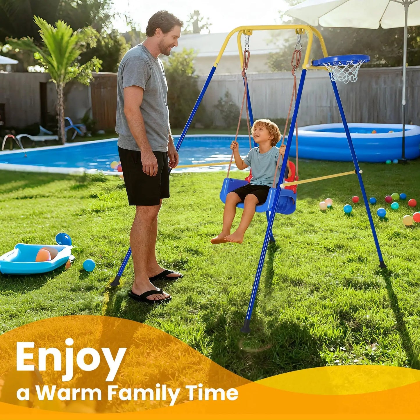 Toddler Swing Set Kids Playground Equipment Collapsible Metal Frame with Basketball Hoop Safety Belt Indoor Outdoor Toy for 6M+