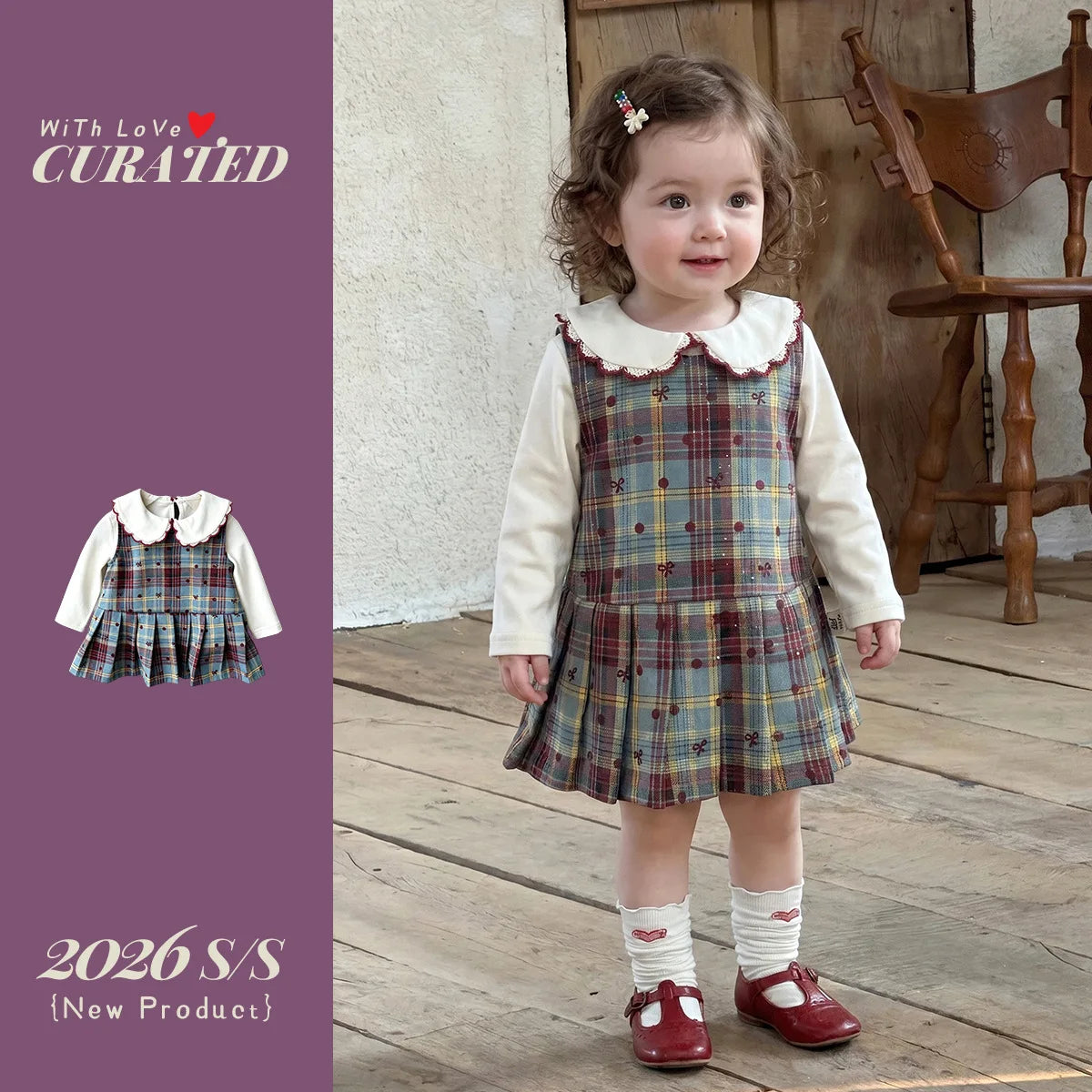 One Year Old Women's Treasure Dress Set, Autumn Baby Sweet Plaid Vest Skirt Two-piece Set, Girls' Stylish Children's Clothing