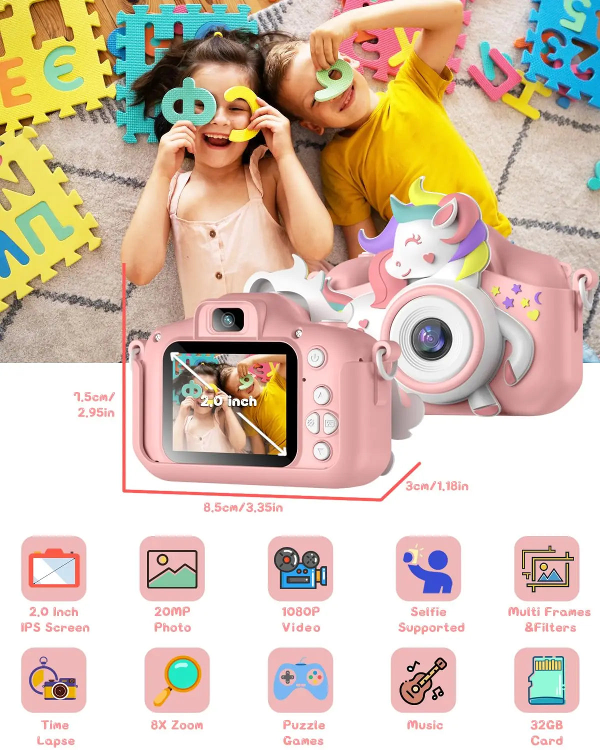Kids Mini Camera 20.0 MP 1080P HD Digital Camera 2.0" Screen Camcorder Toy With 32GB Card For 6-12 Years Birthday Gifts
