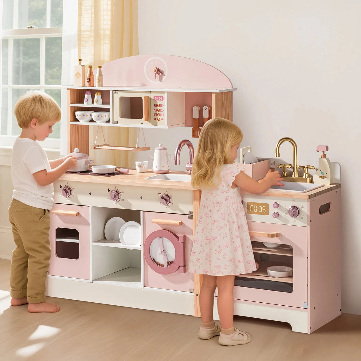 Kids Wooden Pink Play Kitchen All in 1 Corner Set Includes Oven Refrigerator Washer Perfect Birthday Gift for Little Chefs