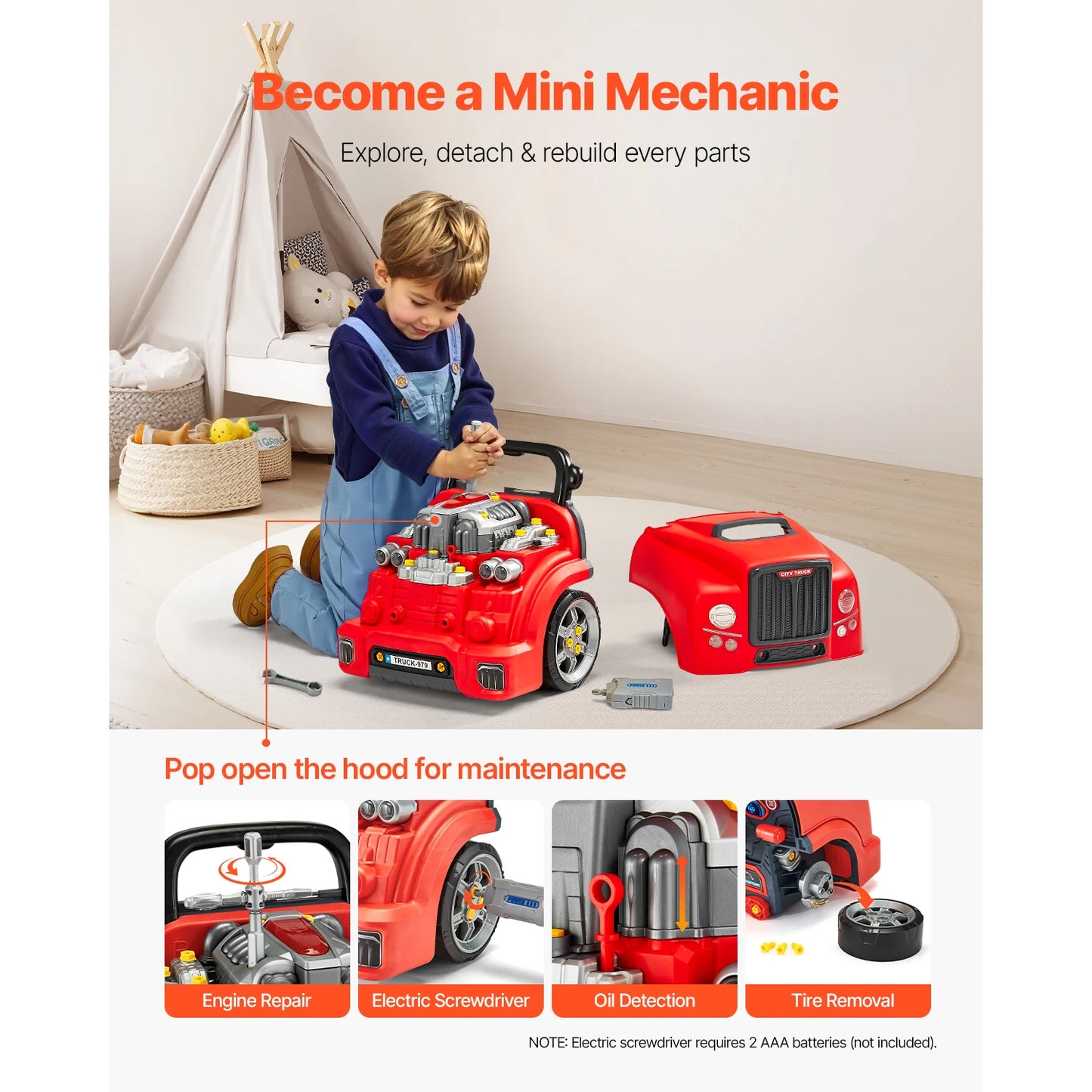 60 Pcs Kids Mechanic Car Repair Set with Removable Parts & Horn Workshop Set Engine Toy for Toddler Children Gift