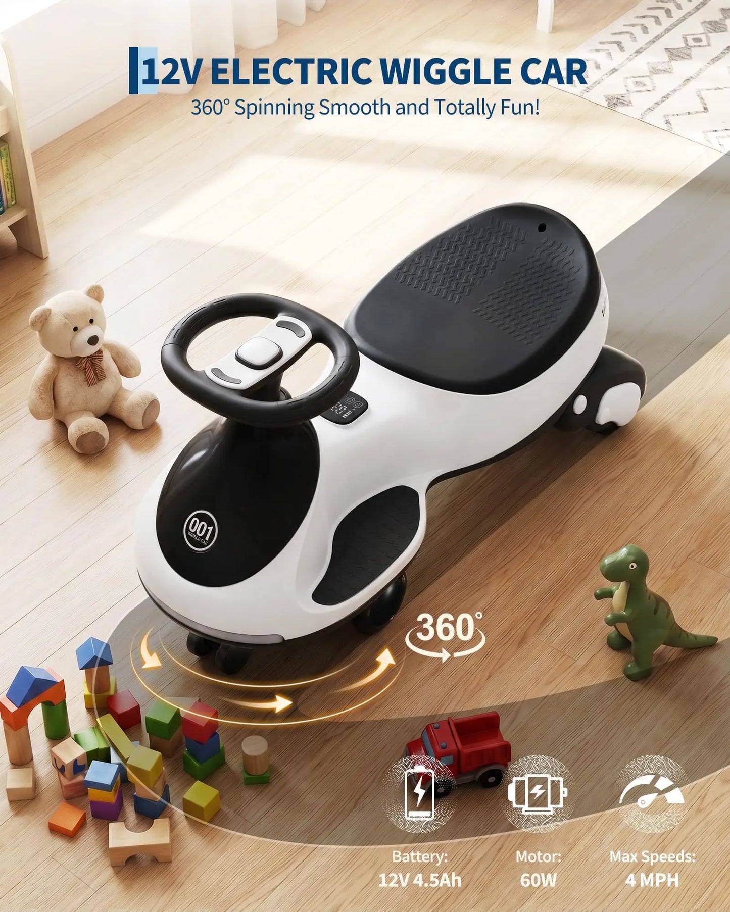 12V 2-in-1 Ride On Electric Wiggle Car for Kids – Pedal & Swing Modes – 360° Steering, Flashing Wheels, Music, Anti-Rollover, Rechargeable, High Weight Capacity – Indoor Outdoor