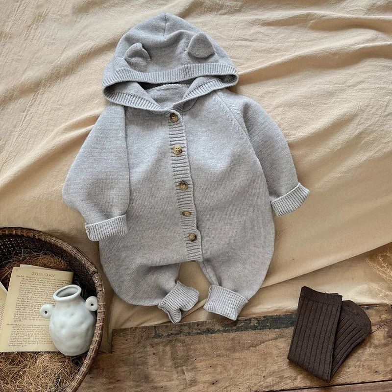 New Autumn Baby Romper Knitted Newborn Girls Jumpsuit Outfit Hooded Toddler Children Clothing Cartoon Bear Ears Knitted Clothing