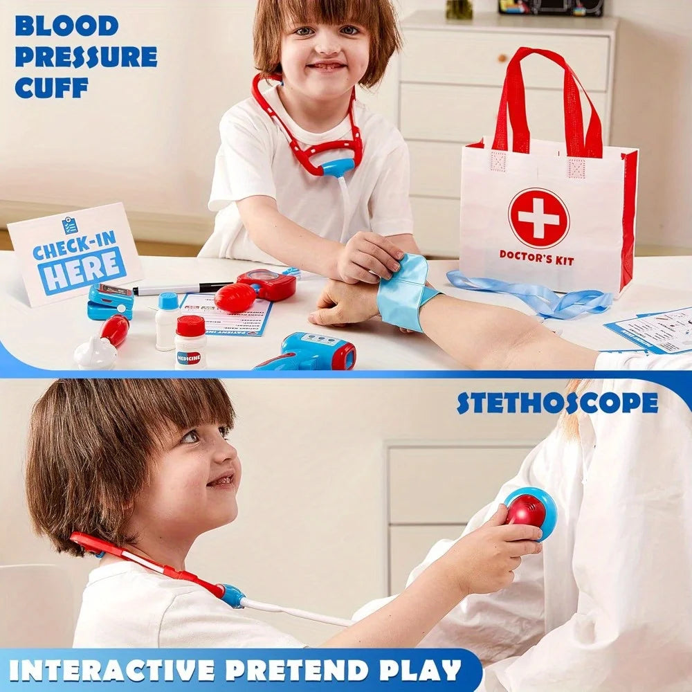 Kids Doctor Kit 16Pcs Pretend Play Medical Kit with Realistic Toy Stethoscope Reusable Record Cards for Toddlers Ages 3+