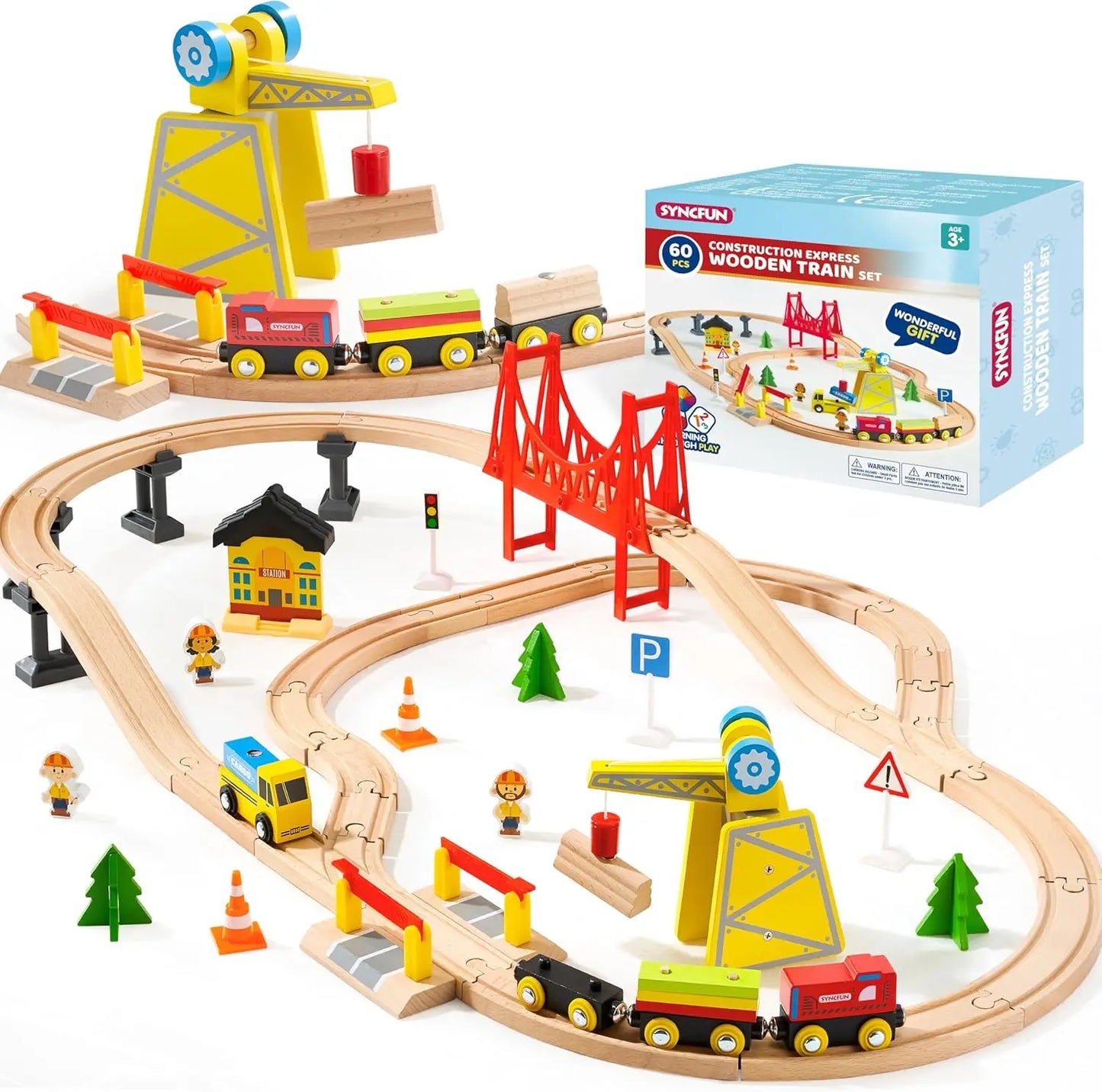 Joyfy 110/60 Pcs Wooden Train Set with Tracks City Scene Railway Set with Magnetic Trains Toy for kids Birthday Christmas Gift