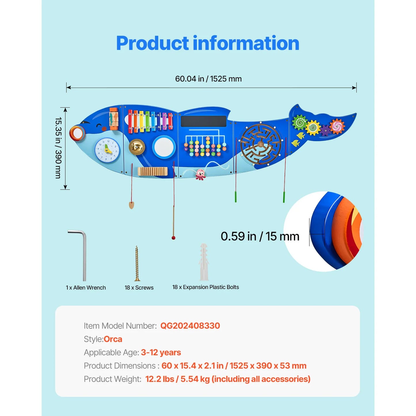 Orca Kids Wall Busy Board 12 Activities Hanging Panels Montessori Sensory Learning Toys for Toddler 3-12 Play Toys